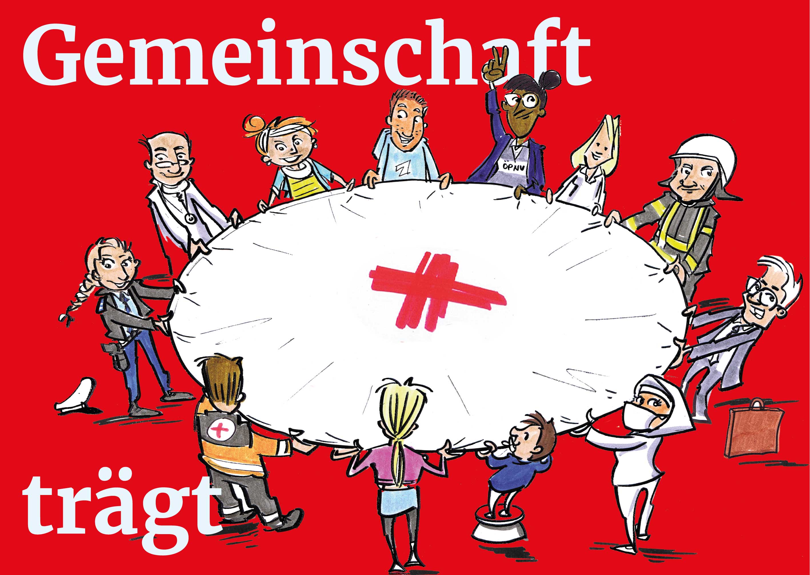 Gemeinschaft trägt - Ein Sprungtuch wird von ganz vielen Menschen gehalten